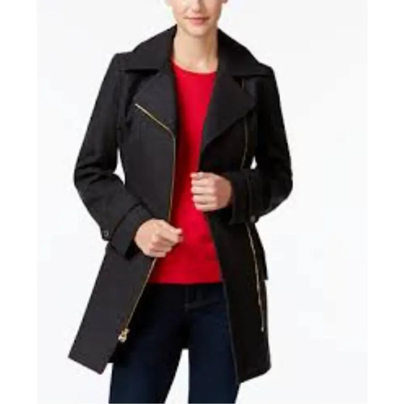 Michael Michael Kors Womens Black Wool Long Sleeve Zip Pockets Trench Coat Sz S - Picture 2 of 12